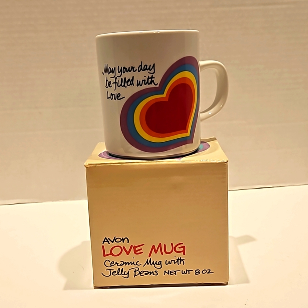 Vintage 1983 The Love Mug with Rainbow Heart Avon Cup Like New w/box